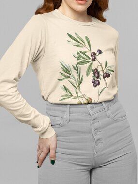 Olive Vintage Botanical Print Long Sleeve Graphic Tee T-shirt S-XXL